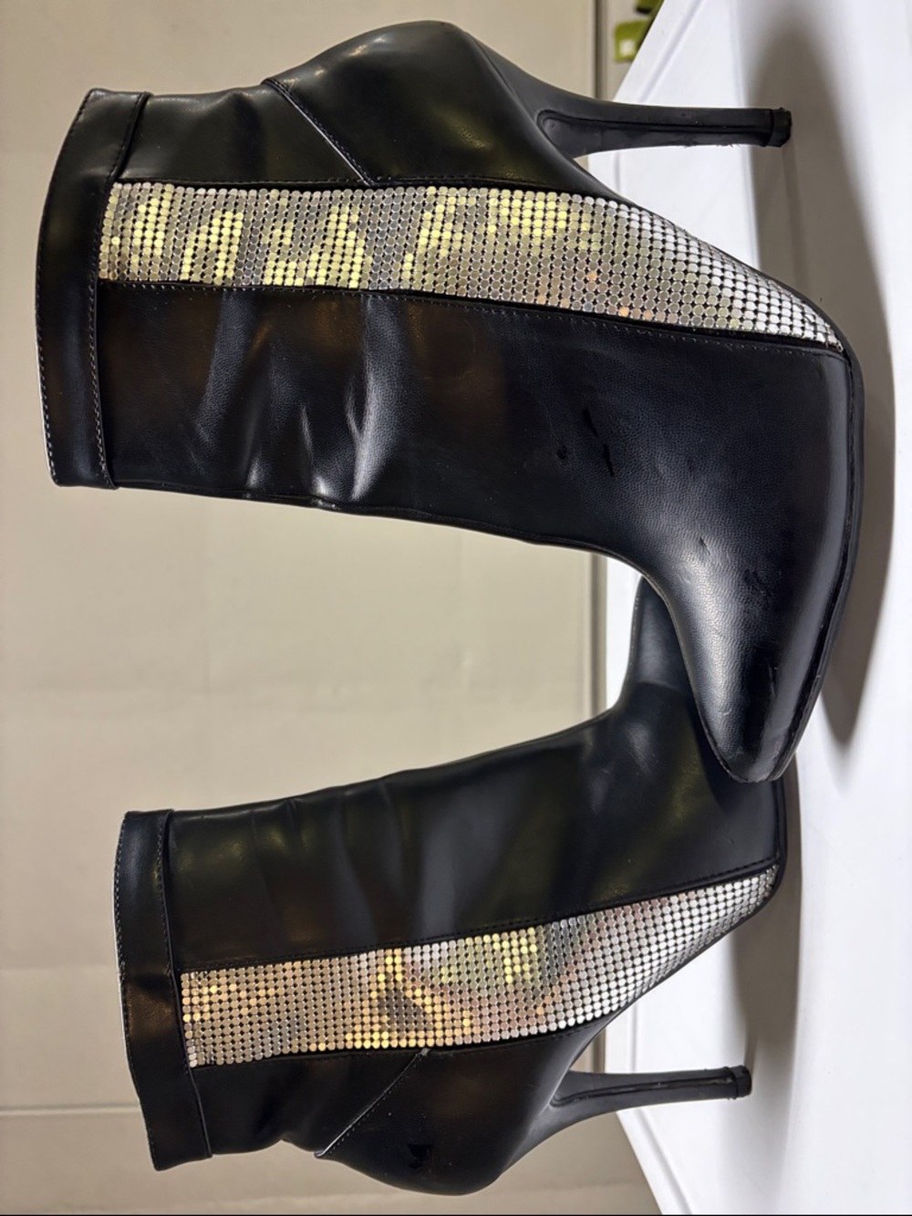 Paper Fox Black Ankle Boots with Silver Rhinestone Stripe. Heel has some flaws.